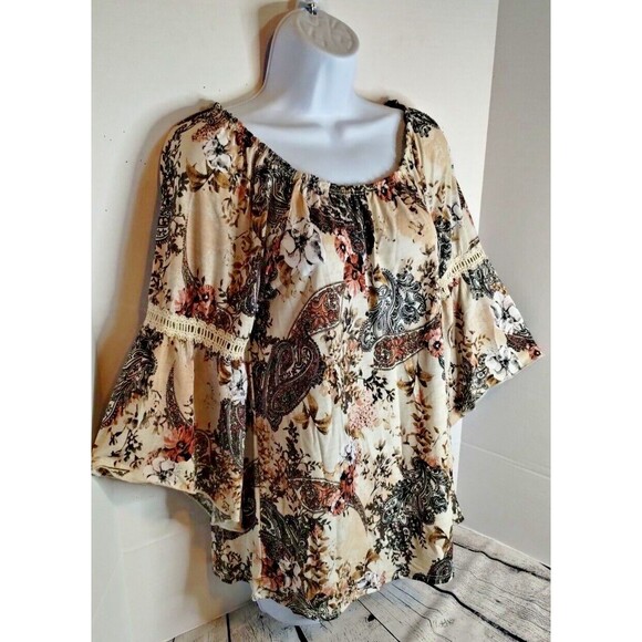 Naif Womens Large Beige Floral Blouse Top Boho Wide Arm Paisley Floral Print - Picture 6 of 13